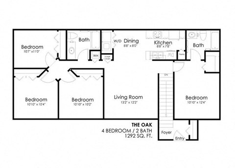Floor plan for 4 beds, 2 baths, 1292 sqft